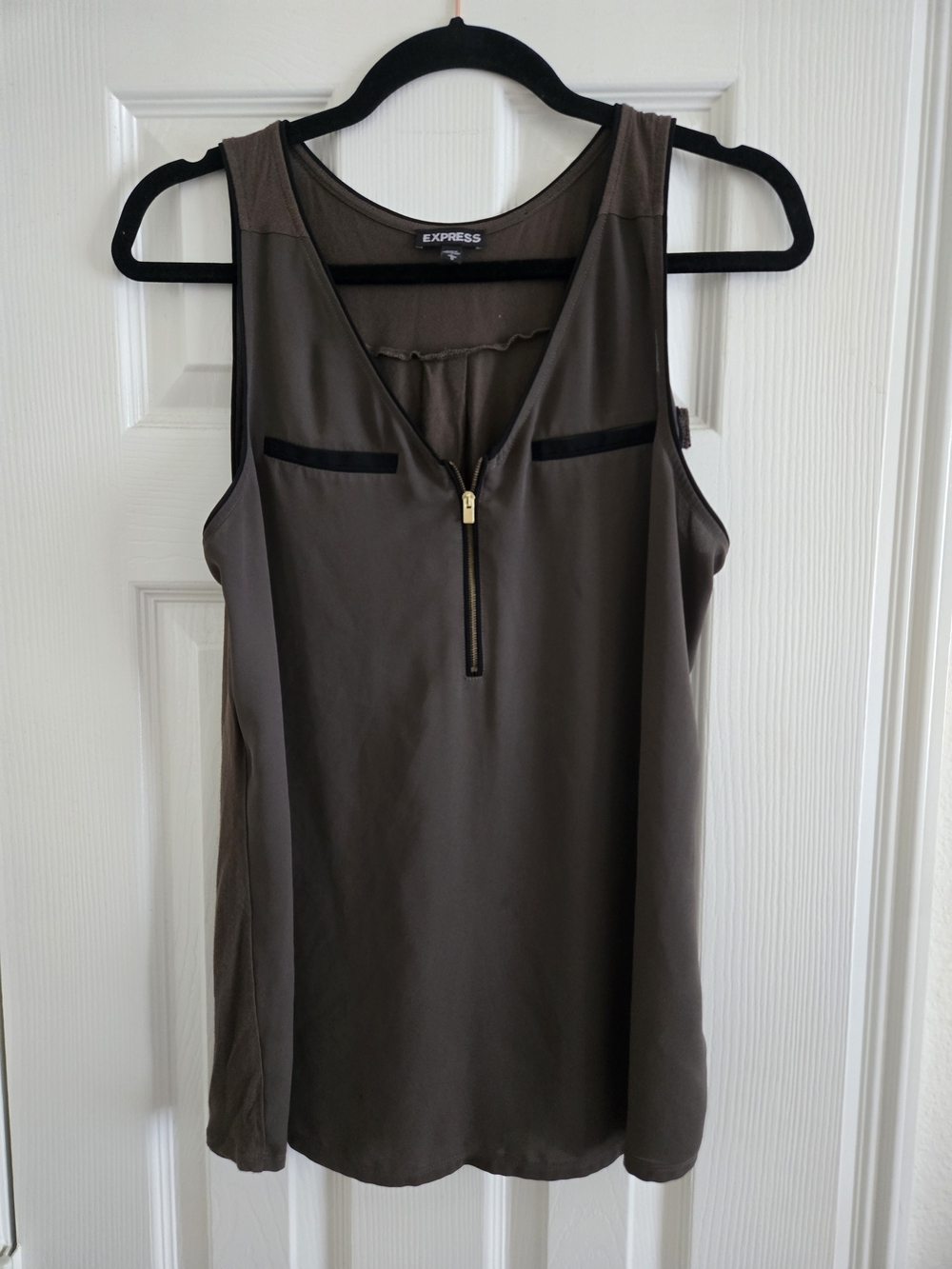 Express Olive Sleeveless Zip-Front Tank with Black Trim